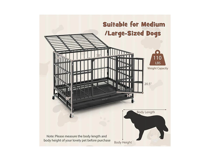 38 Inch Foldable Heavy-Duty Metal Dog Cage with Lockable Rolling Casters and Tray