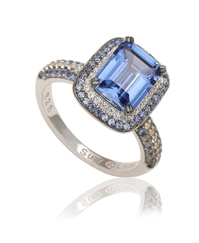 Suzy Levian Sterling Silver Sapphire and Created White Halo Ring