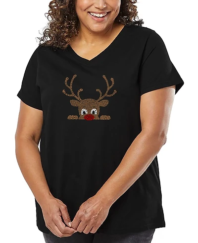 La Pop Art Plus Peeking Reindeer Word V-Neck T-Shirt
