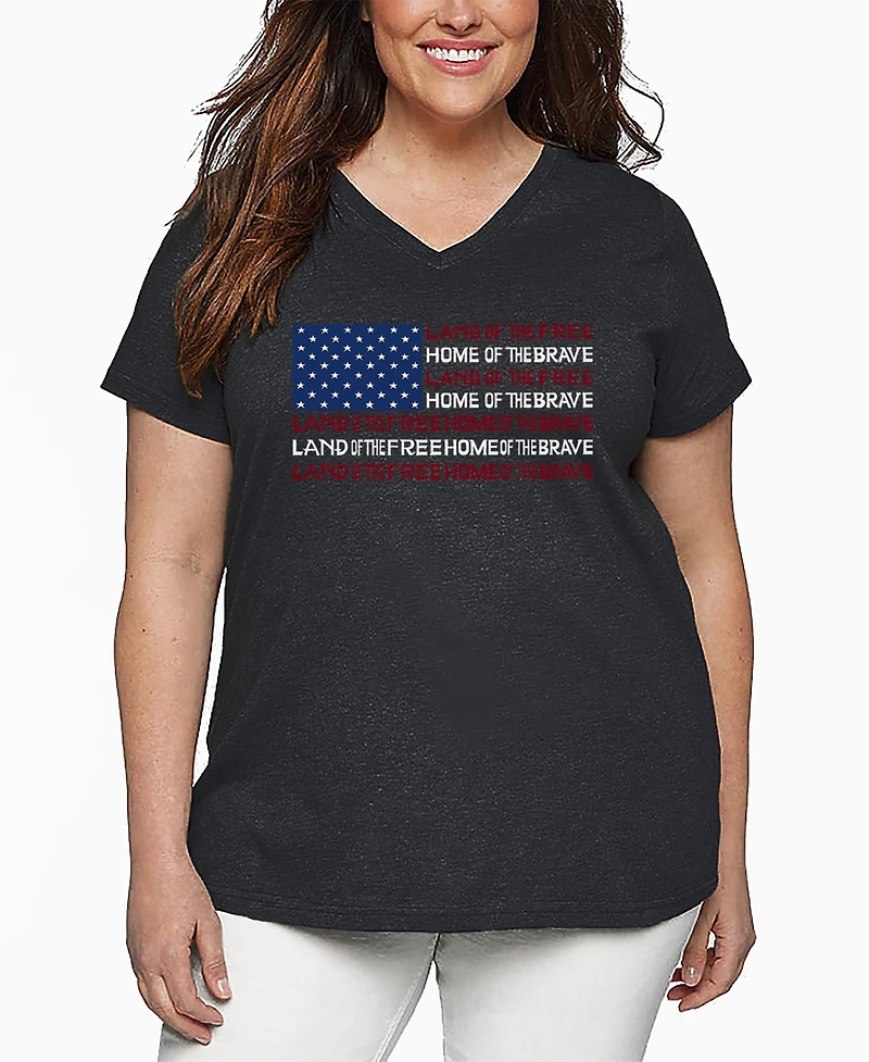 La Pop Art Plus Size Land of the Free American Flag Word Art V-Neck T-Shirt