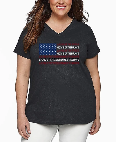 La Pop Art Plus Size Land of the Free American Flag Word Art V-Neck T-Shirt