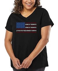 La Pop Art Plus Land of the Free American Flag Word V-Neck T-Shirt