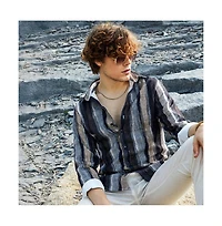 Campus Sutra Men's Prussian Blue & Ash Brown Brushed-Stripe Shirt