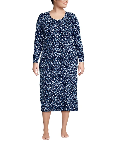 Lands' End Plus Cotton Long Sleeve Midcalf Nightgown
