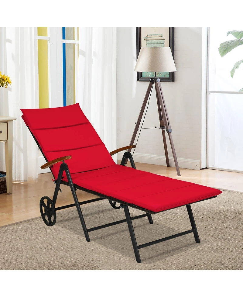Gymax 2PCS Folding Patio Rattan Lounge Chair Chaise Aluminum W/ Wheel & Red Cushion