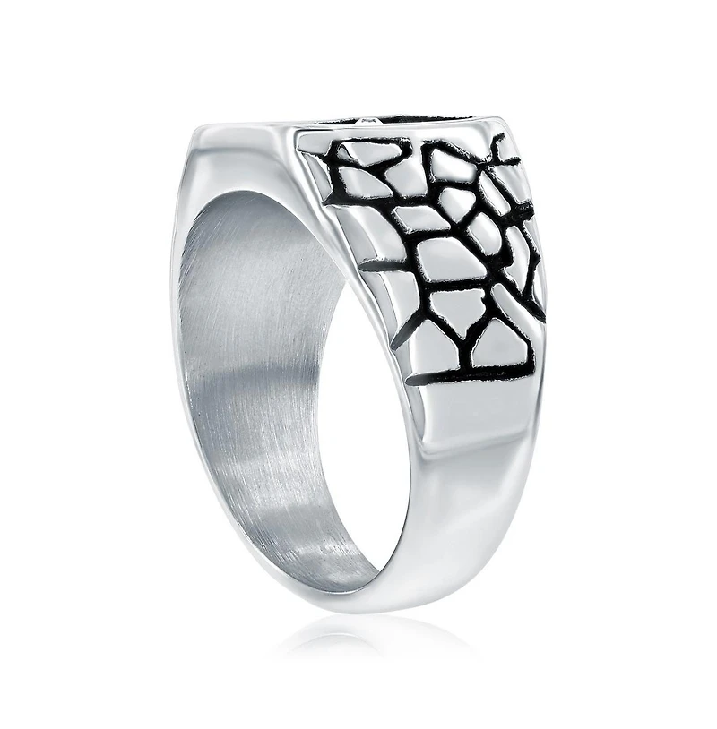 Stainless Steel, Gold Cz Cross, Pebbled Design Ring