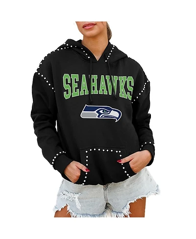 Gameday Couture Women's Black Seattle Seahawks Oversized Catch the Vibe Studded Pullover Hoodie