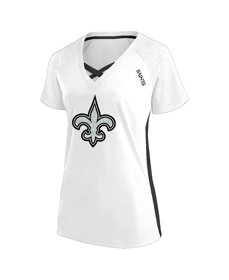 Fanatics Women's White New Orleans Saints Plus Glitter Lace-Up V- Neck T-Shirt