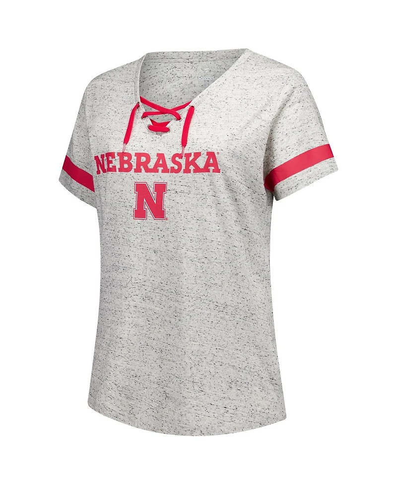 Fanatics Women's Heather Gray Nebraska Huskers Plus Lace-Up V-Neck T-Shirt
