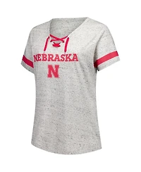 Fanatics Women's Heather Gray Nebraska Huskers Plus Lace-Up V-Neck T-Shirt