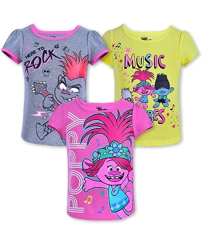 Children's Apparel Network Girls Toddler 3-Pack Pink/Yellow/Gray Trolls Puffer T-Shirt Set