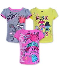 Children's Apparel Network Girls Toddler 3-Pack Pink/Yellow/Gray Trolls Puffer T-Shirt Set