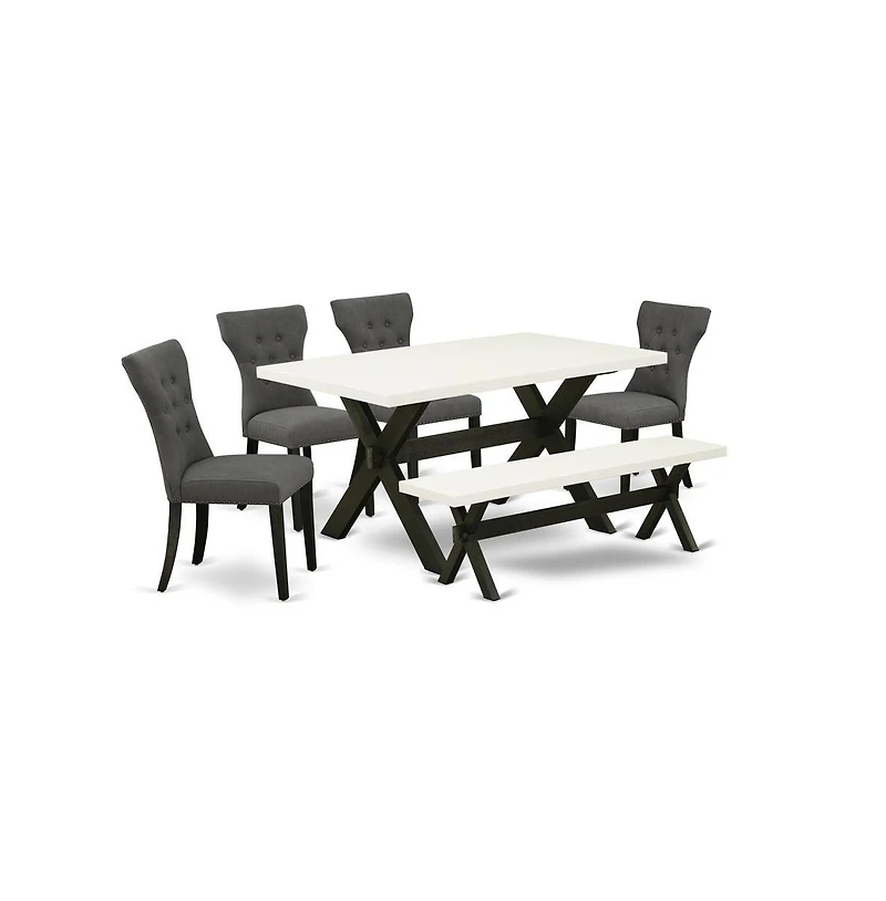 East West Furniture 6-Pc Dining room Table Set-Dark Gotham Grey Linen Fabric Seat and Button Tufted Chair Back Kitchen chairs, A Rectangular Bench and