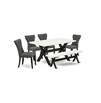East West Furniture 6-Pc Dining room Table Set-Dark Gotham Grey Linen Fabric Seat and Button Tufted Chair Back Kitchen chairs, A Rectangular Bench and