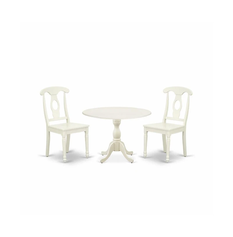 East West Furniture 3 Piece Dinette Set Contains 1 Drop Leaves Wooden Dining Table and 2 Linen White Mid Century Dining Chairs with Napoleon Back