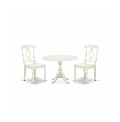 East West Furniture 3 Piece Dinette Set Contains 1 Drop Leaves Wooden Dining Table and 2 Linen White Mid Century Dining Chairs with Napoleon Back