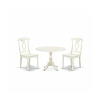 East West Furniture 3 Piece Dinette Set Contains 1 Drop Leaves Wooden Dining Table and 2 Linen White Mid Century Dining Chairs with Napoleon Back