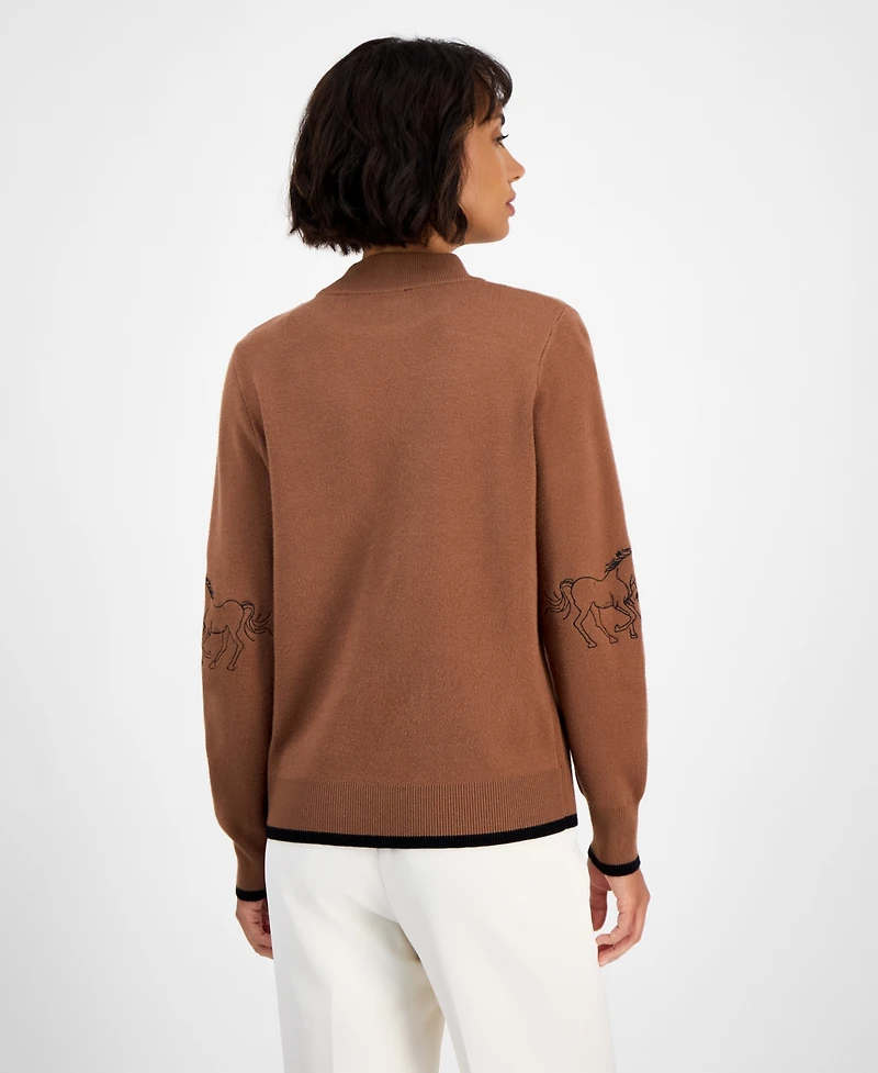 T Tahari Women's Mock-Neck Embroidered-Horse Sweater