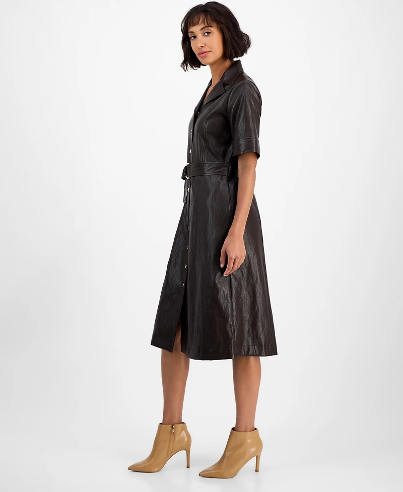 T Tahari Women's Faux-Leather Belted Button-Front Dress