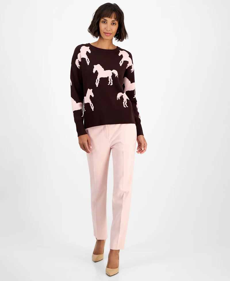 T Tahari Women's Horse-Print Crewneck Long-Sleeve Sweater