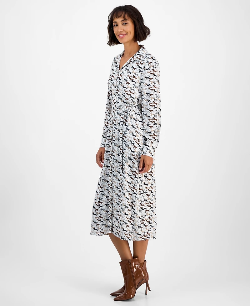 T Tahari Women's Horse-Print Button-Front Long-Sleeve Dress