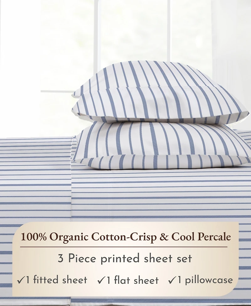Printed Floral - 100% Organic Cotton Percale Twin Sheet Set Deep Pocket,