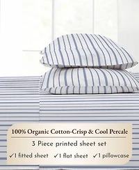 Printed Floral - 100% Organic Cotton Percale Twin Sheet Set Deep Pocket,