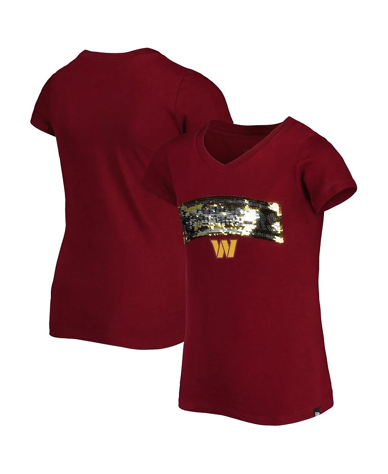 New Era Big Girls Burgundy Washington Commanders Reverse Sequin Wordmark V-Neck T-Shirt