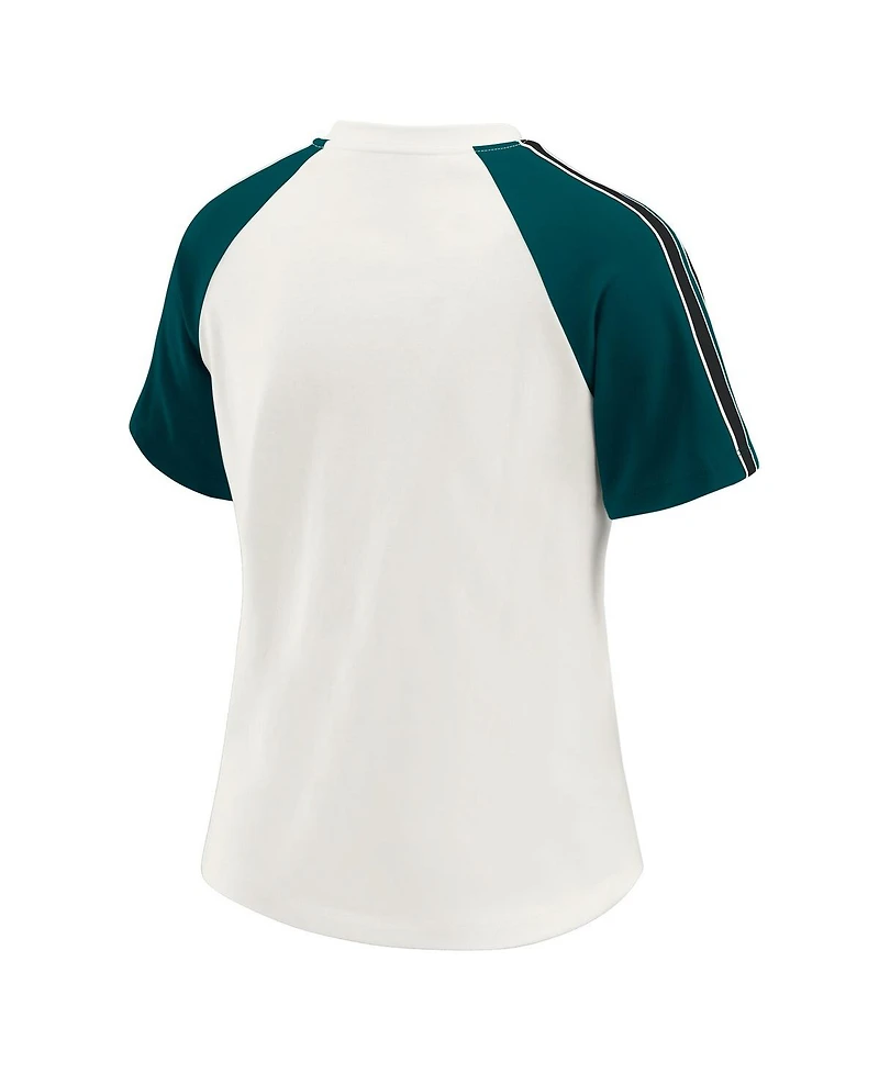 Wear by Erin Andrews Women's White Philadelphia Eagles Sleeve Stripe Distressed Raglan T-Shirt
