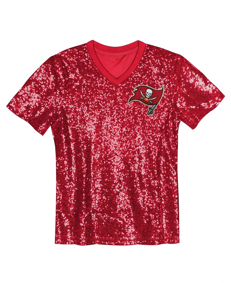 Outerstuff Big Girls Red Tampa Bay Buccaneers Wordmark Sequin V-Neck Top