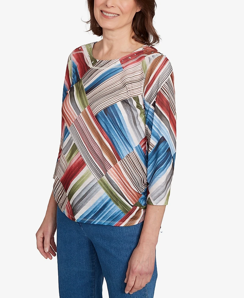 Alfred Dunner Women's Classic Stripe Patchwork Ruched Sides Top