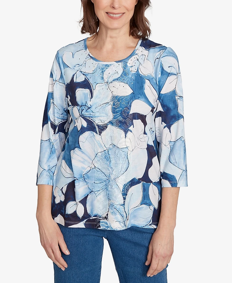 Alfred Dunner Women's Classic Monotone Floral Embellished Top