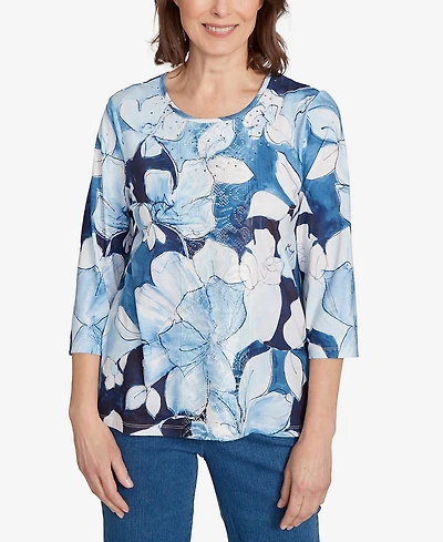 Alfred Dunner Women's Classic Monotone Floral Embellished Top
