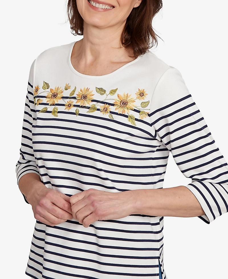 Alfred Dunner Women's Classic Sunflower Striped Crew Neck Top