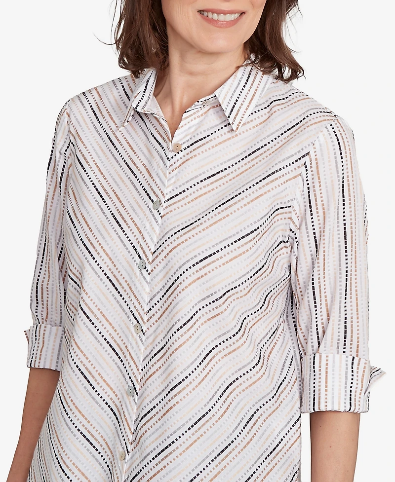 Alfred Dunner Women's Classic Mitered Textured Stripe Button Front Top