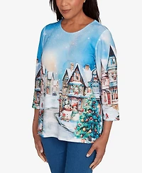 Alfred Dunner Women's Classic Embellished Snow Cabin Village Scene Crew Neck Top