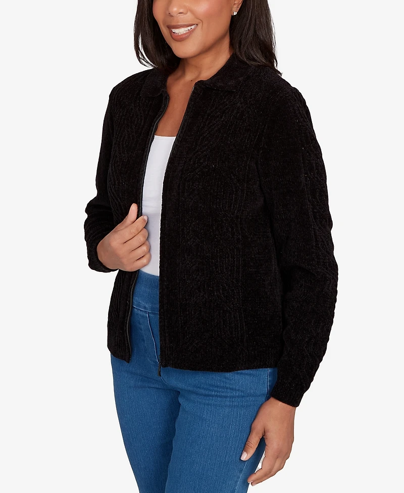 Alfred Dunner Women's Classic Zip-Front Chenille Collared Cardigan Sweater