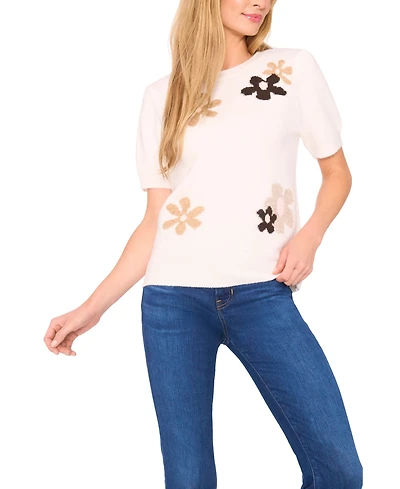 CeCe Women's Groovy Flower Short Sleeve Pullover Sweater