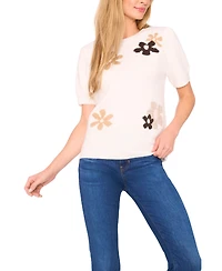 CeCe Women's Groovy Flower Short Sleeve Pullover Sweater