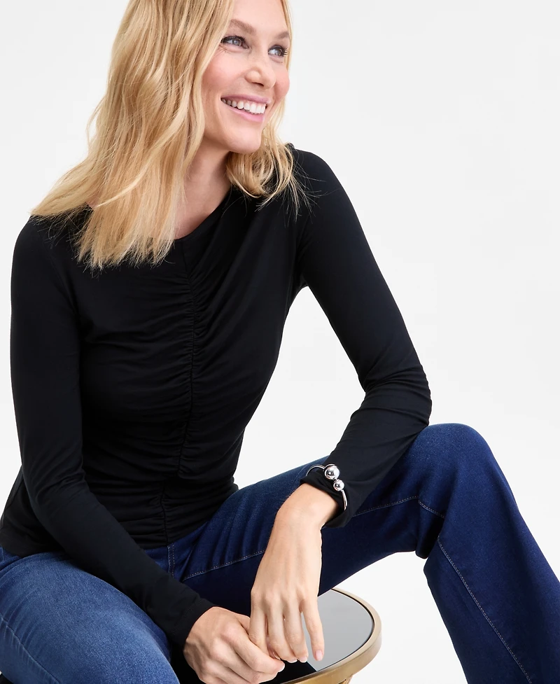 I.n.c. International Concepts Women's Shirred-Front Long-Sleeve Top, Macy's Exclusive