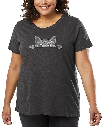 La Pop Art Plus Size Peeking Cat Word Art T-Shirt