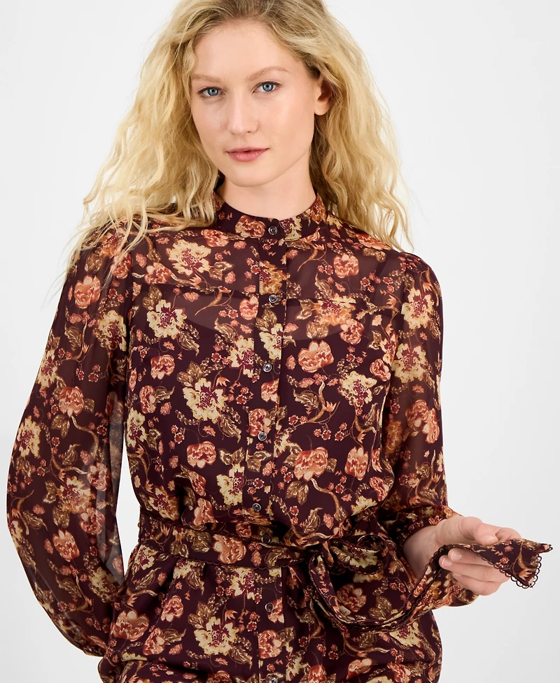 julia jordan Women's Floral Chiffon Tie-Waist 3/4-Sleeve Dress