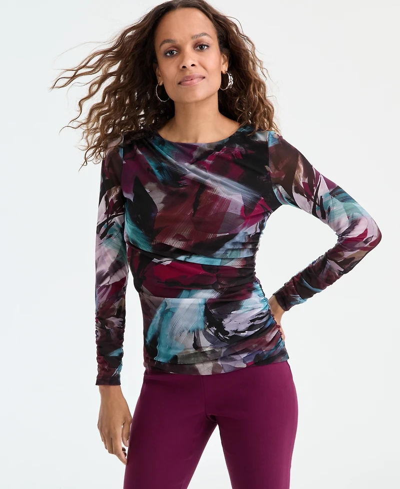 I.n.c. International Concepts Petite Ruched Abstract-Print Top, Macy's Exclusive