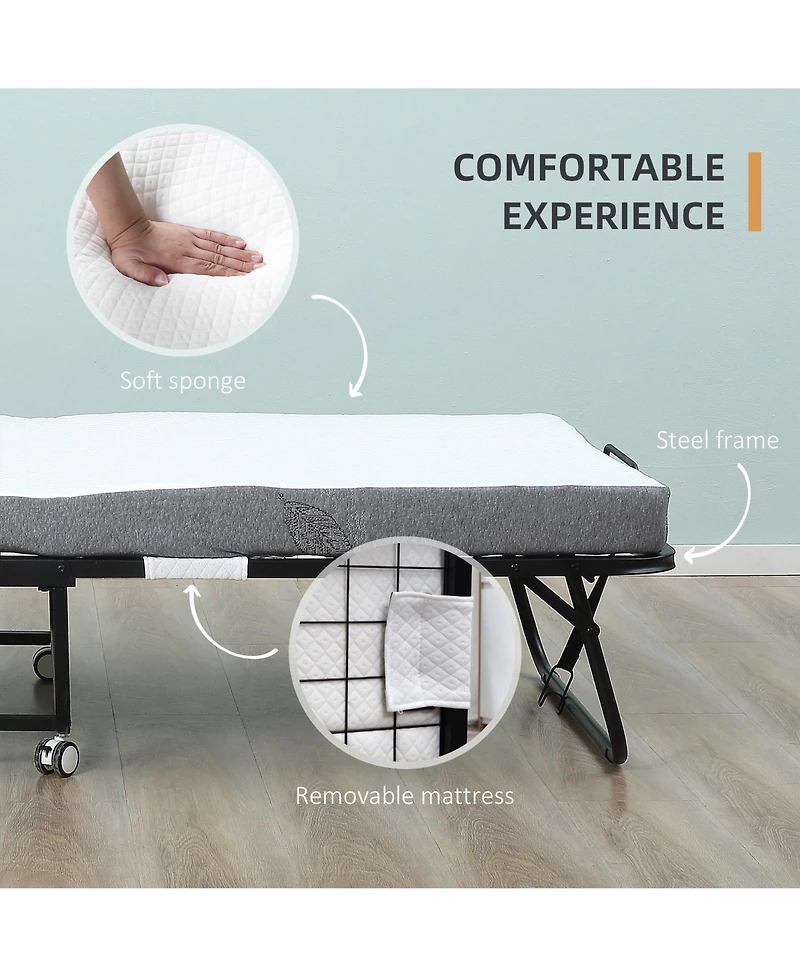 Homcom Folding Bed with 4" Mattress, Portable Foldable Guest Bed with Wheels
