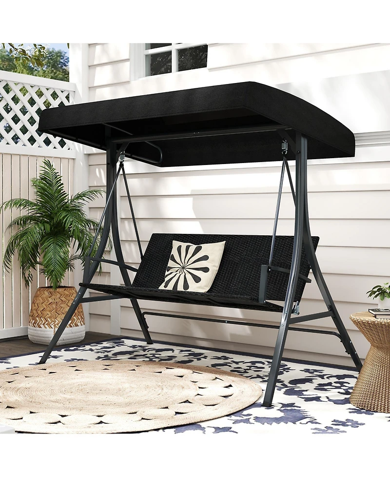 Gymax 3-Person Porch Swing w/ Stand w/ Rattan Seat Back Metal Frame Adjustable Shade