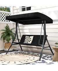 Gymax 3-Person Porch Swing w/ Stand w/ Rattan Seat Back Metal Frame Adjustable Shade