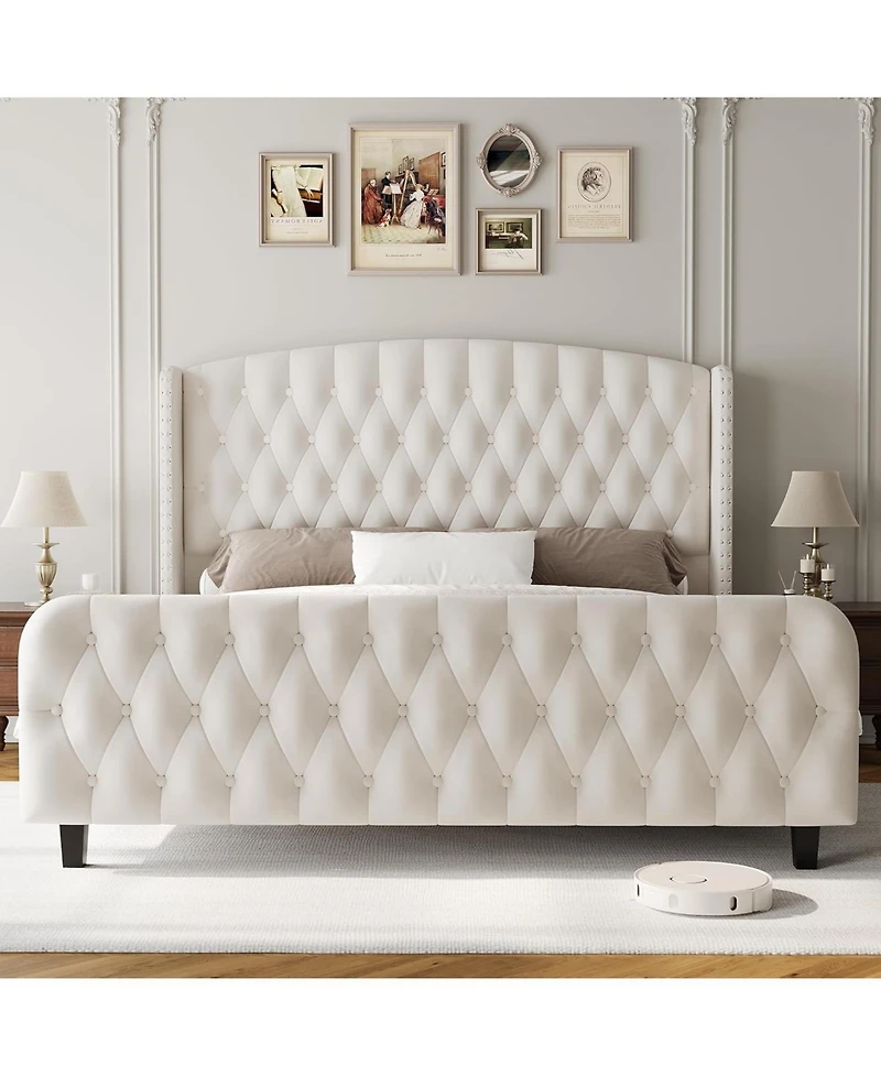gaomon 51" Tall King Size Velvet Upholstered Platform Bed Frame with Deep Button Tufted Wingback Headboard & Footboard, Cream, No Box Spring, Easy Ass