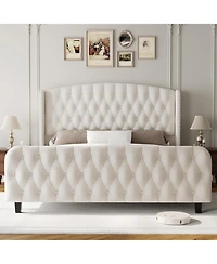 gaomon 51" Tall King Size Velvet Upholstered Platform Bed Frame with Deep Button Tufted Wingback Headboard & Footboard, Cream, No Box Spring, Easy Ass