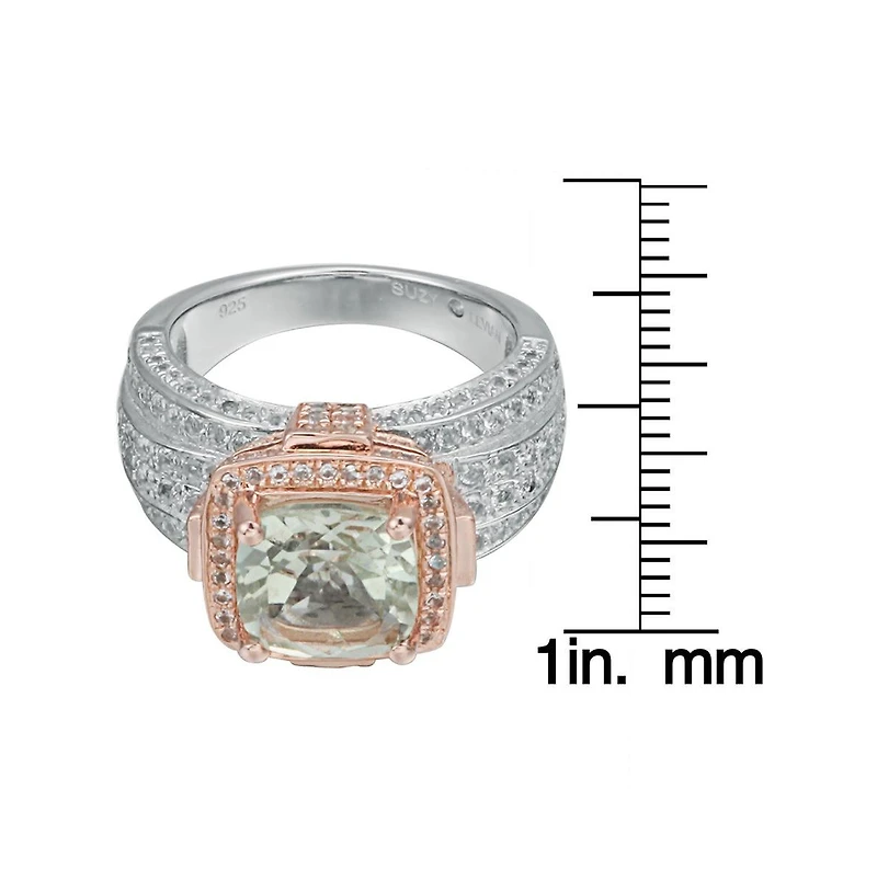 Suzy Levian Two-Tone Sterling Silver Cushion Cut Center Topaz Cocktail Milano Ring