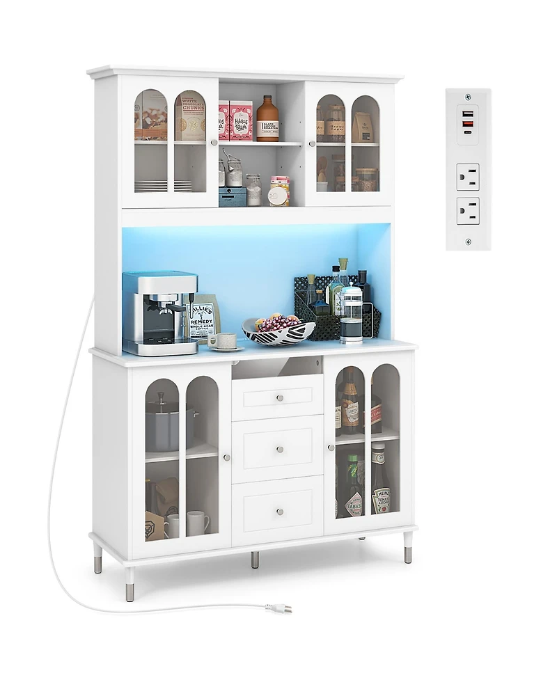 Gymax 73'' Tall Kitchen Pantry Storage Cabinet w/ Led Lights and Power Outlets
